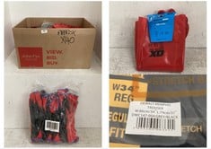 BOX OF ASSORTED WORK WEAR / ITEMS TO INCLUDE DEWALT MEMPHIS TROUSERS IN BLACK SIZE 34 X 31''