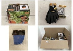 BOX OF ASSORTED ITEMS TO INCLUDE DEWALT WORK GLOVES IN BLACK