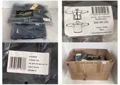 BOX OF ASSORTED CLOTHING TO INCLUDE E/HOWER XTREME TROUSERS IN NAVY BLUE - SIZE UK 38S