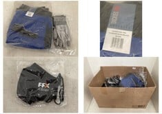 BOX OF ASSORTED CLOTHING TO INCLUDE DICKIES PRO TROUSERS IN ROYAL/ BLACK - SIZE 54/38R/48R