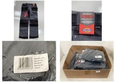 BOX OF ASSORTED CLOTHING TO INCLUDE DICKIES FLEX HOLSTER TROUSERS IN GREY/BLACK