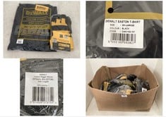 BOX OF ASSORTED DIY/TOOLS TO INCLUDE DEWALT EASTON T-SHIRT IN BLACK - SIZE 2X LARGE