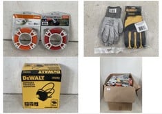 BOX OF ASSORTED TOOLS TO INCLUDE DEWALT PERFORMANCE GLOVES IN SIZE LARGE