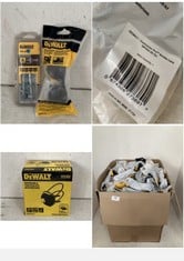 BOX OF ASSORTED TOOLS TO INCLUDE DEWALT CONTRACTOR PRO SMOKE LENS