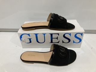 PREMIUM DESIGNER APPAREL TO INCLUDE GUESS BLACK FLAT SANDAL TOTAL RRP £145