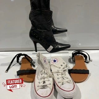 GAVIN BLACK UPPER LEATHER HEELED BOOTS SIZE 5 + MANDOLIN BROWN SANDALS SIZE 40 EU + CONVERSE ALL STAR TRAINERS WHITE SIZE 5 RRP £155