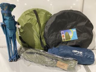 BOX OF CAMPING GEAR TO INCLUDE FOLDABLE CAMPING SEAT