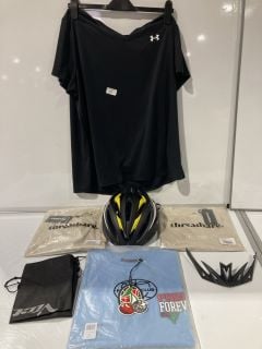 VICTGOAL HT-18 BIKE HELMET + UNDER ARMOUR LOOSE FIT SHIRT BLACK SIZE 2XL + 2X THREADBARE OVERSIZED SHIRT CREAM SIZE L + FOREVER CLUB BLUE DISCO TEE SIZE S