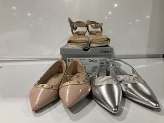 PRIMARK WOMEN'S POINTED SHOES SIZE 4 + XYLONDON SILVER METALLIC HEELS SIZE 5 + GABOR NIEVE SILK SUEDE/JUTE SANDALS SIZE 8