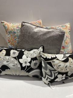 QTY OF PILLOWS INCLUDING BLACK FLORAL/SILVER AND PAPAYA PILLOWS