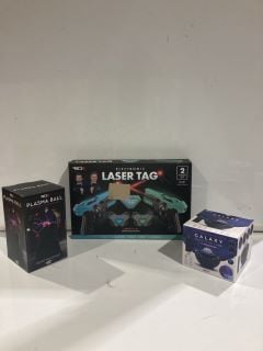 BOX OF ITEMS TO INCLUDE LASER TAG AND LAVA LAMPS