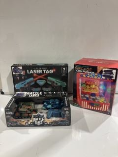 BOX OF ITEMS TO INCLUDE COIN PUSHER ARCADE GAME AND RC BATTLE TANKS