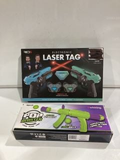 BOX OF ITEMS TO INCLUDE LASER TAG AND WALL CRAWLING RC CARS