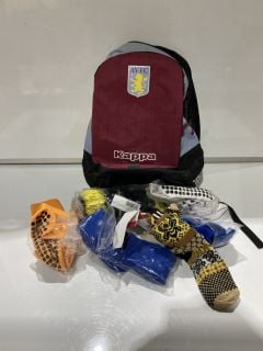 BOX OF ITEMS TO INCLUDE GAIN THE EDGE SOCKS, AVFC BAG