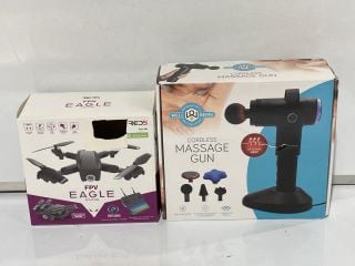 3 X WELLBEING CORDLESS MASSAGE GUNS ALSO INCLUDES FPV EAGLE DRONE