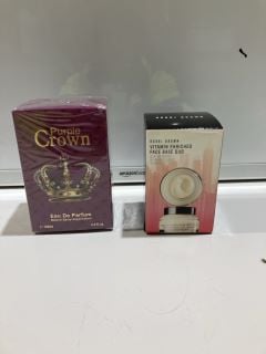 ITEMS TO INCLUDE DESIGNER HANDBAG AND PURPLE CROWN WOMENS FRAGRANCE