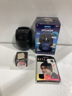 BOX OF ITEMS TO INCLUDE KARAOKE SPEAKER AND MARVEL DESK LIGHTS