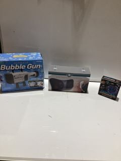 BOX OF ITEMS TO INCLUDE MASSAGE CUSHION AND BUBBLE GUN