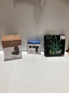 BOX OF ITEMS MINI MASSAGE GUN AND GOLDEN BUDDHA LIGHT UP CASCADE