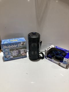 BOX OF ITEMS TO INCLUDE BLUETOOTH LED SPEAKER AND BUBBLE GUN