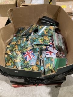 PALLET OF ITEMS TO INCLUDE ERIK PHOTO ALBUMS & VARIOUS UNION JACK WAVING FLAGS