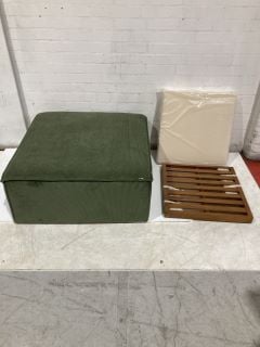 BELIANI LINEN OTTOMAN FOR SOFA IN GREEN & BARATTI GARDEN OTTOMAN IN ACACIA WOOD TOTAL RRP £440