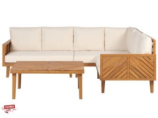 BELIANI BARATTI ACACIA WOOD CORNER SOFA SET IN LIGHT BEIGE RRP £1259