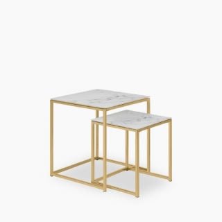 2 ALISMA SET OF 2 NESTING SIDE TABLES, WHITE MARBLED GLASS & BRASS