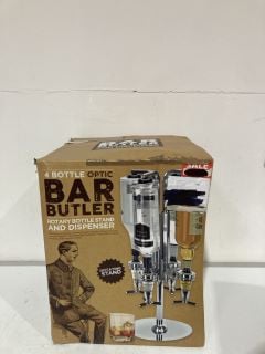 BOX OF ITEMS TO INCLUDE 4 BOTTLE OPTIC BAR BUTLER 18+ ID MAY BE REQUIRED