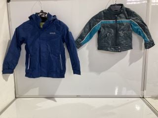 A BOX OF CHILDREN'S CLOTHING TO INCLUDE NEXT 8/16M BLUE LEATHER JACKET