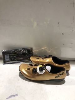 A BOX OF ASSORTED ITEMS TO INCLUDE BONT CYCLING SHOES RIOT ROAD + 24 SHINY GOLD SIZE 42