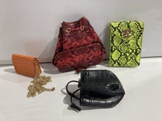 A BOX OF ASSORTED HANDBAGS TO INCLUDE NEON LIME SNAKE PADLOCK CHAIN RRP £75