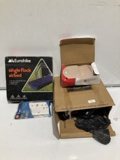 ITEMS TO INCLUDE EUROHIKE SINGLE FLOCK AIRBED, CUSHION WALK BOOTS SIZE 42