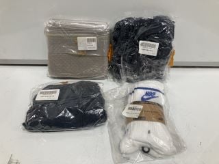 BOX OF FABRICS TO INCLUDE BED SHEETS AND NIKE ESSENTIAL 3 PACK SOCKS IN WHITE/BLUE