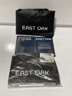 BOX OF ITEMS TO INCLUDE EAST OAK FIRE PIT COVER FOR PAN STOVE