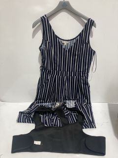 BOX OF ITEMS TO INCLUDE LADIES ALL IN 1 APRICOT BLUE/WHITE STRIPE UK14