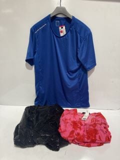 BOX OF ITEMS TO INCLUDE SPORTS TOP SILK BLUE SIZE L