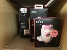 QUANTITY OF ITEMS TO INCLUDE BRAUN SILK-ÉPIL 5, EPILATOR FOR EASY HAIR REMOVAL, WET & DRY, LASTING SMOOTH SKIN, WITH LADY SHAVER, TRIMMER COMB, BEGINNER CAP HEADS & BIKINI TRIMMER, 5-251, WHITE/GREY: