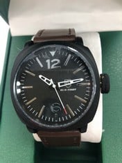 MENS FRANK SCHMIDT WATCH-BLACK PIVOT DIAL-BROWN FABRIC STRAP-3ATM WATER RESISTANT-GIFT BOX INCLUDED-EST £290: LOCATION - A RACK