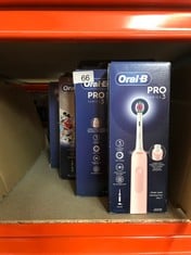 QUANTITY OF ITEMS TO INCLUDE ORAL-B PRO 3 ELECTRIC TOOTHBRUSHES FOR ADULTS, 1 3D WHITE TOOTHBRUSH HEAD & TRAVEL CASE, 3 MODES WITH TEETH WHITENING, 3500, PINK: LOCATION - A RACK