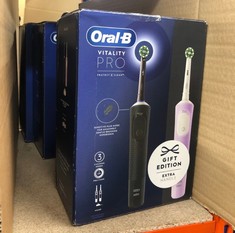 QUANTITY OF  ITEMS TO INCLUDE ORAL-B VITALITY PRO 2X ELECTRIC TOOTHBRUSHES FOR ADULTS, 2 TOOTHBRUSH HEADS, 3 BRUSHING MODES INCLUDING SENSITIVE PLUS, 2 PIN UK PLUG, BLACK & PURPLE: LOCATION - B RACK