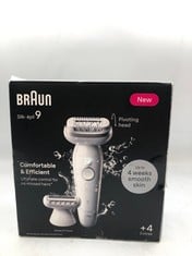 BRAUN SILK-ÉPIL 9, EPILATOR WITH PIVOTING HEAD FOR EASY HAIR REMOVAL, WET & DRY, LASTING SMOOTH SKIN, WITH LADY SHAVER HEAD & TRIMMER COMB, 9-041, WHITE/SILVER.: LOCATION - TOP 50 RACK