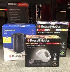 QUANTITY OF KITCHEN & APPLIANCES ITEMS TO INCLUDE RUSSELL HOBBS FOOD COLLECTION ELECTRIC HAND MIXER WITH 6 SPEEDS, EASY RELEASE BUTTON, FINGERTIP SPEED CONTROL, CHROME BEATERS, WRAP AROUND CORD STORA