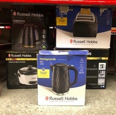 QUANTITY OF KITCHEN & APPLIANCES ITEMS TO INCLUDE RUSSELL HOBBS HONEYCOMB ELECTRIC 1.7L CORDLESS KETTLE (FAST BOIL 3KW, BLACK PREMIUM PLASTIC, MATT & HIGH GLOSS FINISH, REMOVABLE WASHABLE ANTI-SCALE