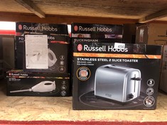 QUANTITY OF  ITEMS TO INCLUDE RUSSELL HOBBS 2 SLICE TOASTER WITH PERFECT TOAST TECHNOLOGY FOR IMPROVED EVENNESS (WIDE SLOTS, LIFT & LOOK FEATURE, 6 BROWNING LEVELS, FROZEN & CANCEL FUNCTION, 850W, BR