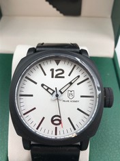 MENS FRANK SCHMIDT WATCH-LARGE BLACK CASE-WHITE PILOT DIAL-BLACK LEATHER STRAP-3ATM WATER RESISTANT-GIFT BOX INCLUDED-EST £290: LOCATION - TOP 50 RACK