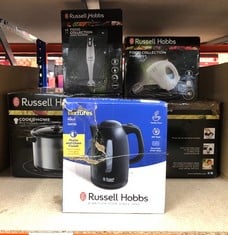 QUANTITY OF KITCHEN & APPLIANCES ITEMS TO INCLUDE RUSSELL HOBBS TEXTURES ELECTRIC 1.7L CORDLESS KETTLE (FAST BOIL 3KW, BLACK PREMIUM PLASTIC, MATT & HIGH GLOSS FINISH, REMOVABLE WASHABLE ANTI-SCALE F