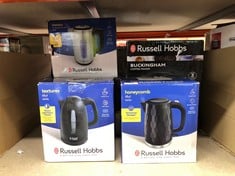 QUANTITY OF KITCHEN & APPLIANCES ITEMS TO INCLUDE RUSSELL HOBBS HONEYCOMB ELECTRIC 1.7L CORDLESS KETTLE (FAST BOIL 3KW, BLACK PREMIUM PLASTIC, MATT & HIGH GLOSS FINISH, REMOVABLE WASHABLE ANTI-SCALE