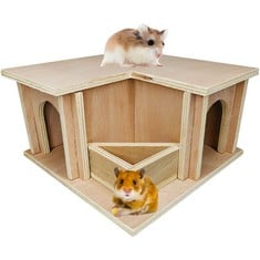 9 X SHINY HAMSTER WOODEN HIDEOUT DWARF HAMSTER HUT WITH WINDOWS SMALL ANIMAL DETACHABLE HOUSE HABITAT DECOR WITH FEEDING BASIN FOR YOUNG SYRIAN MOUSE GERBIL SMALL RODENTS - TOTAL RRP £106: LOCATION -