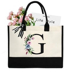 16 X CHIREST PERSONALIZED INITIAL CANVAS TOTE BAG FOR WOMEN,MONOGRAMMED A-Z GIFT TOTE BAG FOR WEDDING, BIRTHDAY, HOLIDAY. PRESENT BEACH BAG FOR WOMEN, MOM, BRIDESMAIDS,TEACHERS.(G) - TOTAL RRP £193: